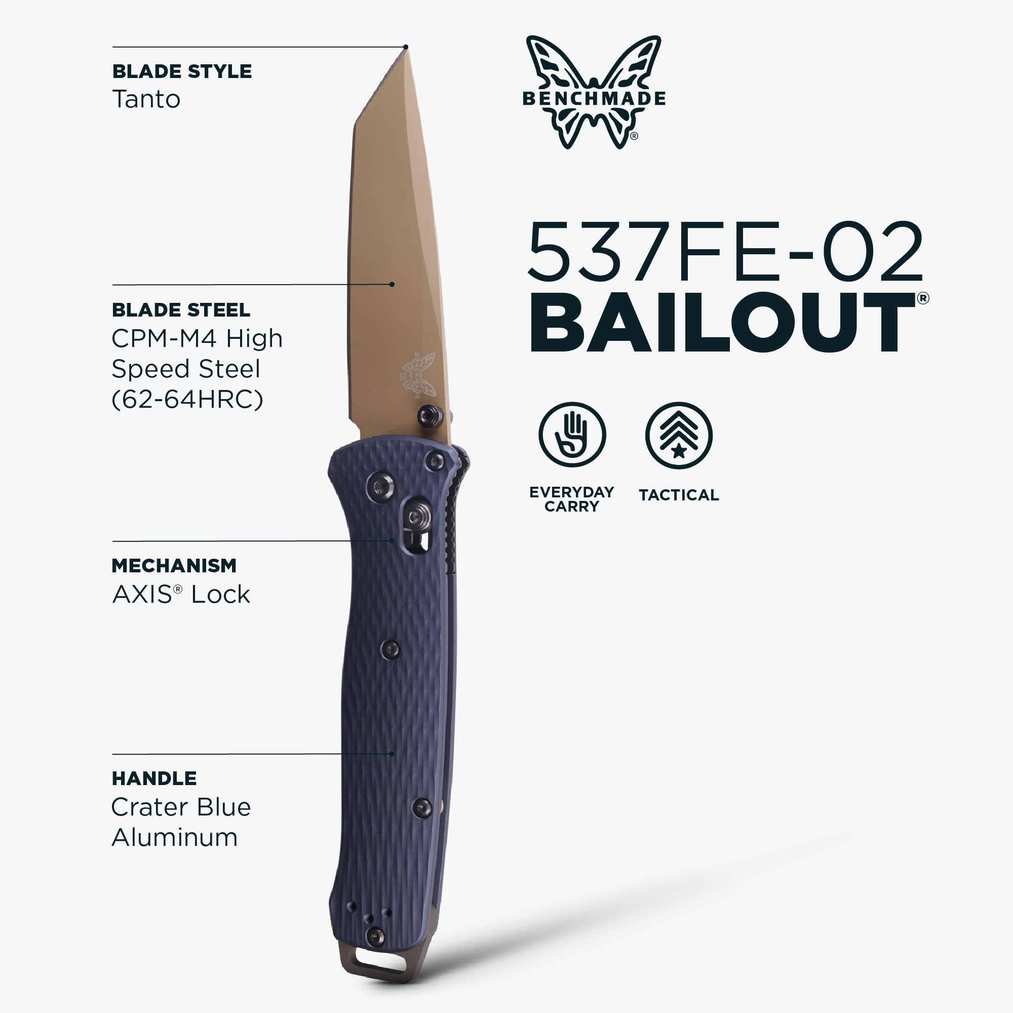 Benchmade - Bailout Tactical EDC Knife, Plain Edge, Tanto Blade with Crater Blue Aluminum Handle (537FE-02) - Image 3