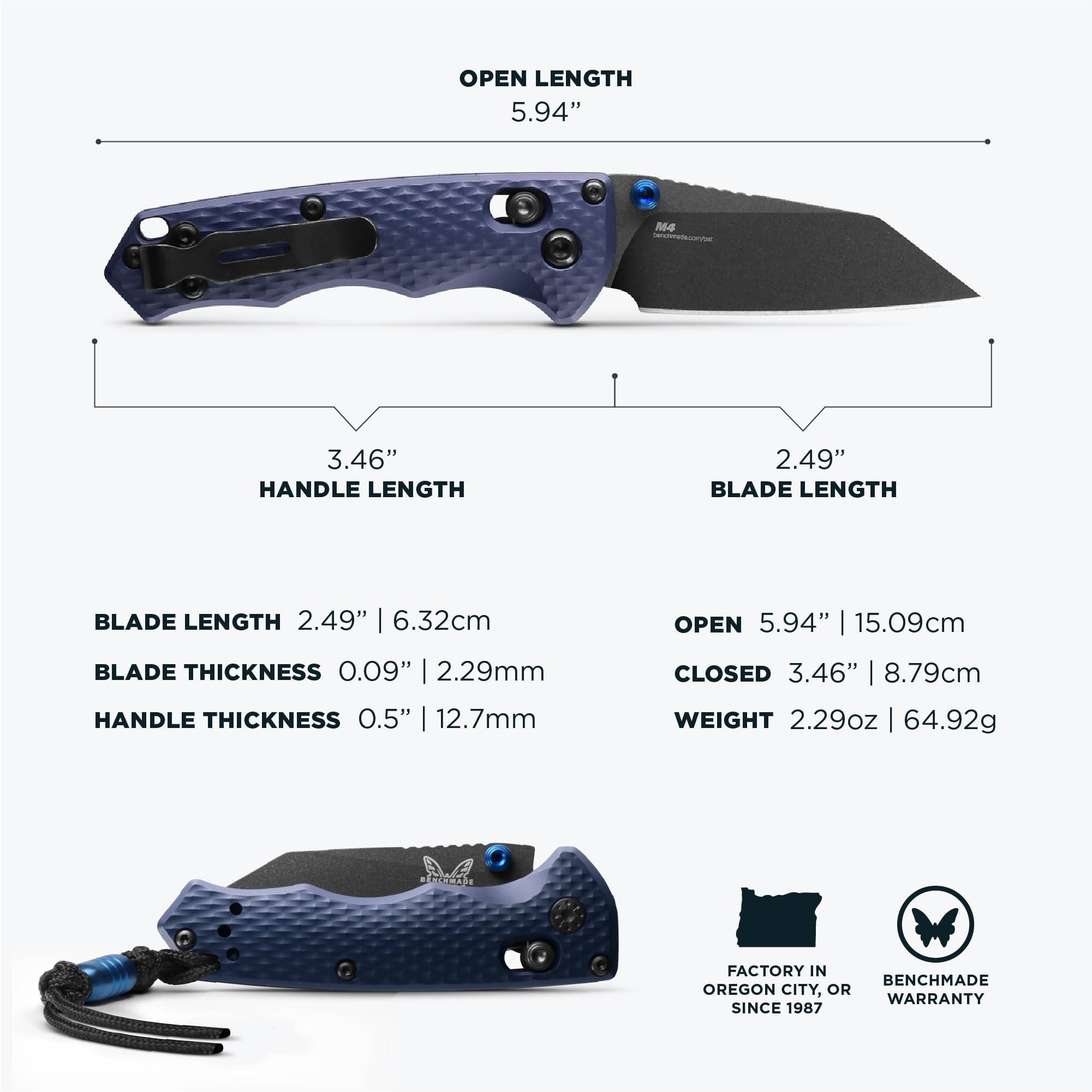 Benchmade - Full Immunity Tactical, Every Day Knife, Wharncliffe Blade with Crater Blue Aluminum Handle (290BK) - Image 5