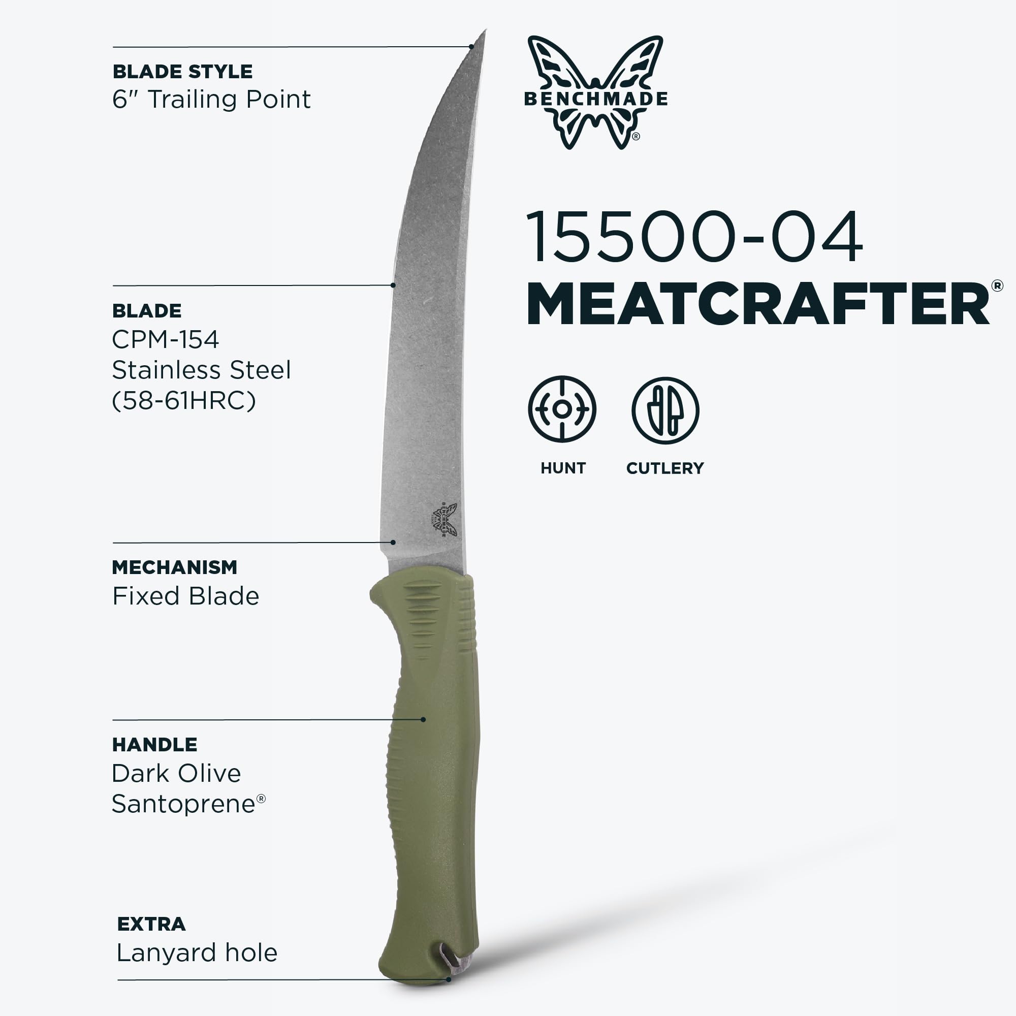 Benchmade - Meatcrafter Fixed Blade Knife with Dark Olive Santoprene Handle, 6" Trailing Point (15500-04) - Image 3