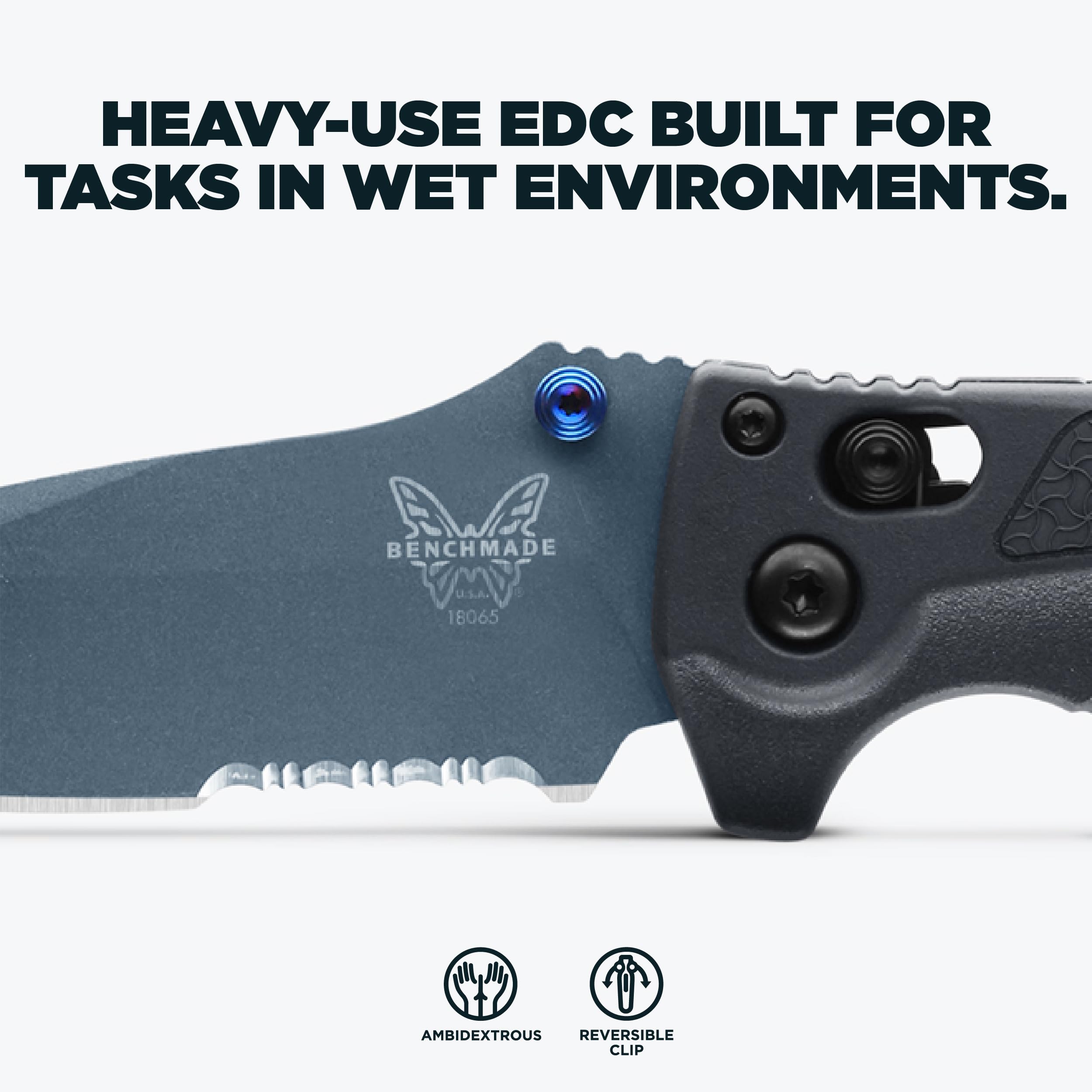 Benchmade - Mini Adira Outdoor, Water, Fishing Knife, Drop-Point Serrated Blade with Tempest Gray Grivory Handle (18065SBT-01) - Image 3