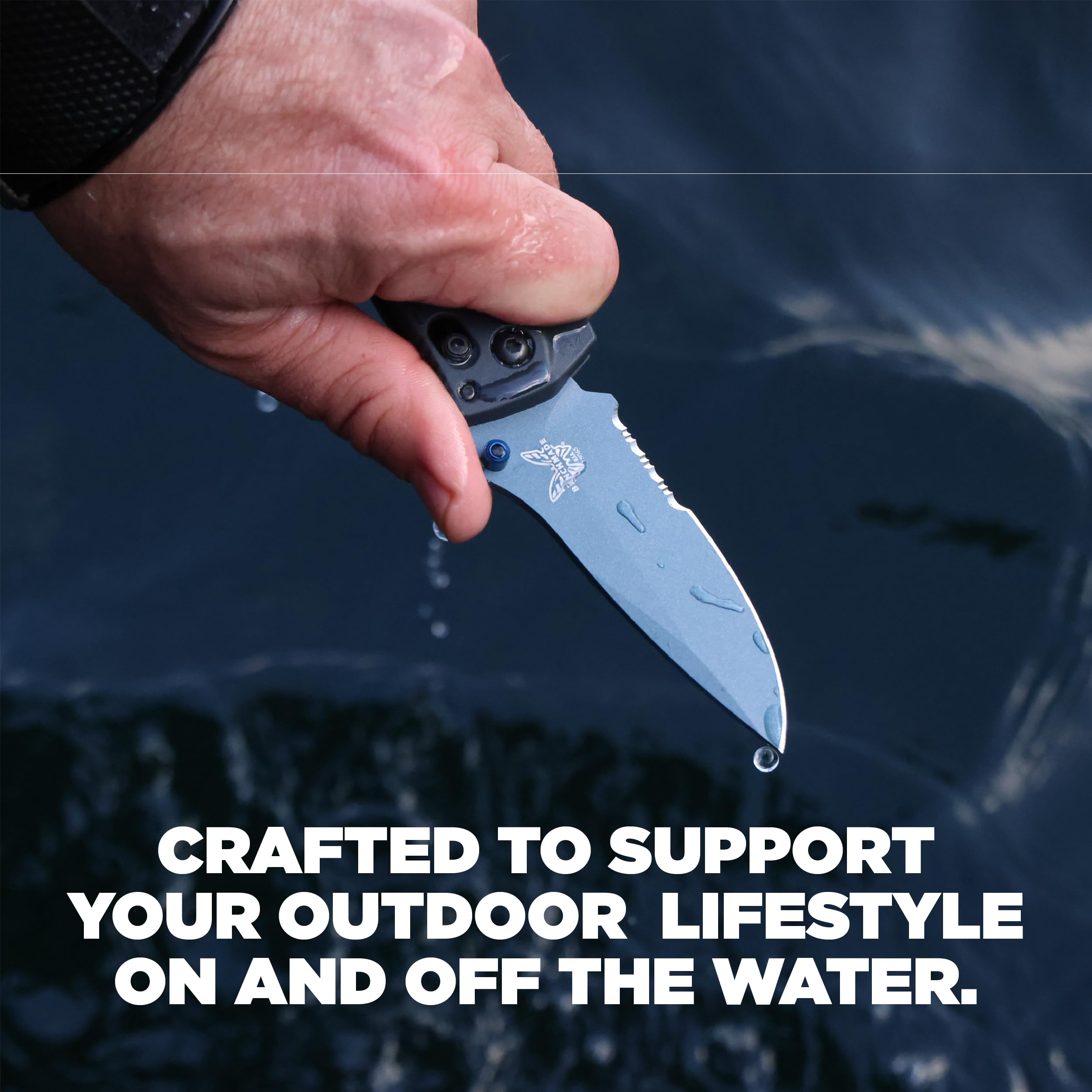 Benchmade - Mini Adira Outdoor, Water, Fishing Knife, Drop-Point Serrated Blade with Tempest Gray Grivory Handle (18065SBT-01) - Image 6