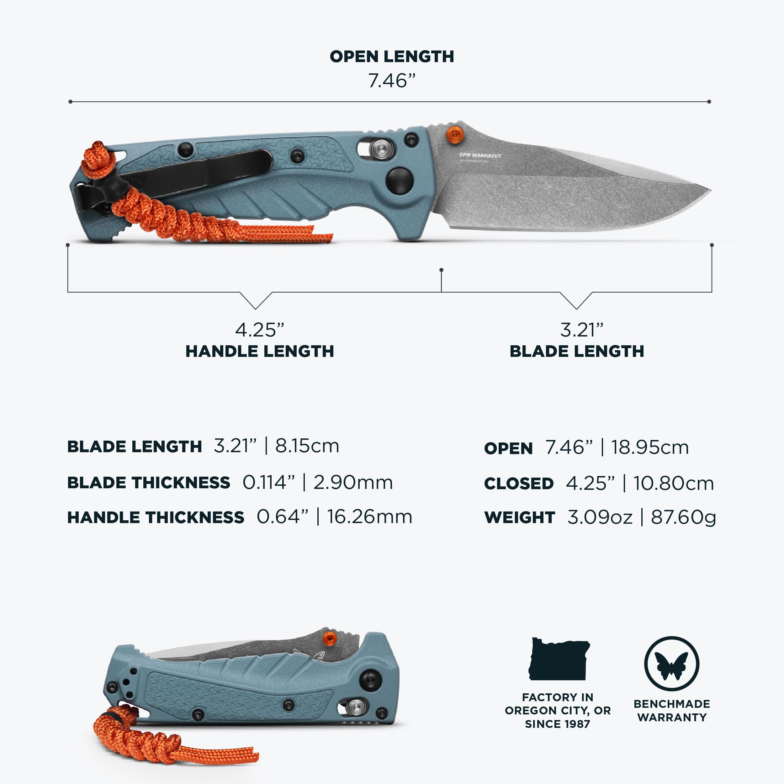 Benchmade - Mini Adira Outdoor, Water, Fishing Knife, Plain Edge Drop-Point Blade with Depth Blue Grivory Handle (18065) - Image 6