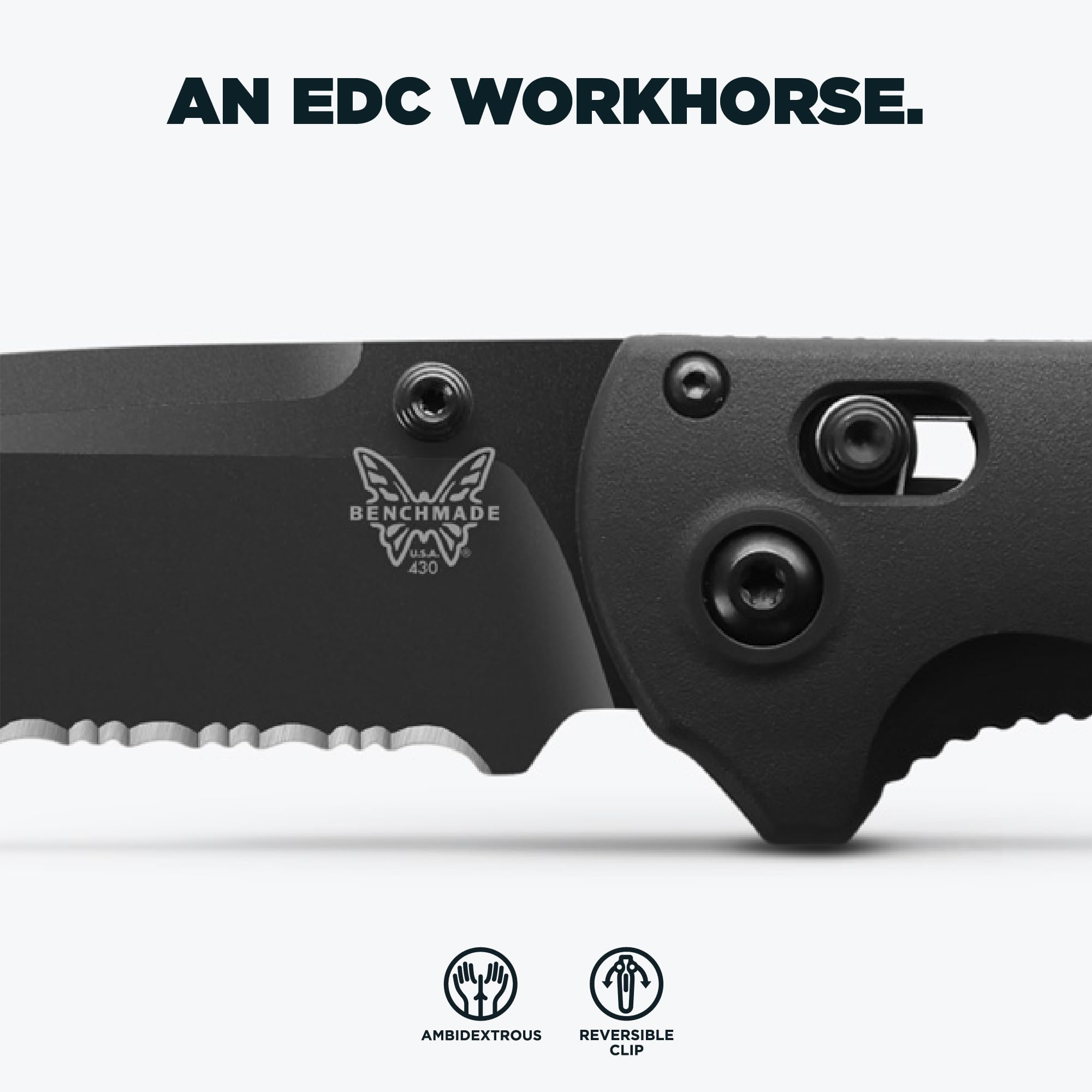 Benchmade - Redoubt Tactical, Every Day Knife, Serrated Edge, Drop-Point Blade with Black Grivory Handle (430SBK-02) - Image 3