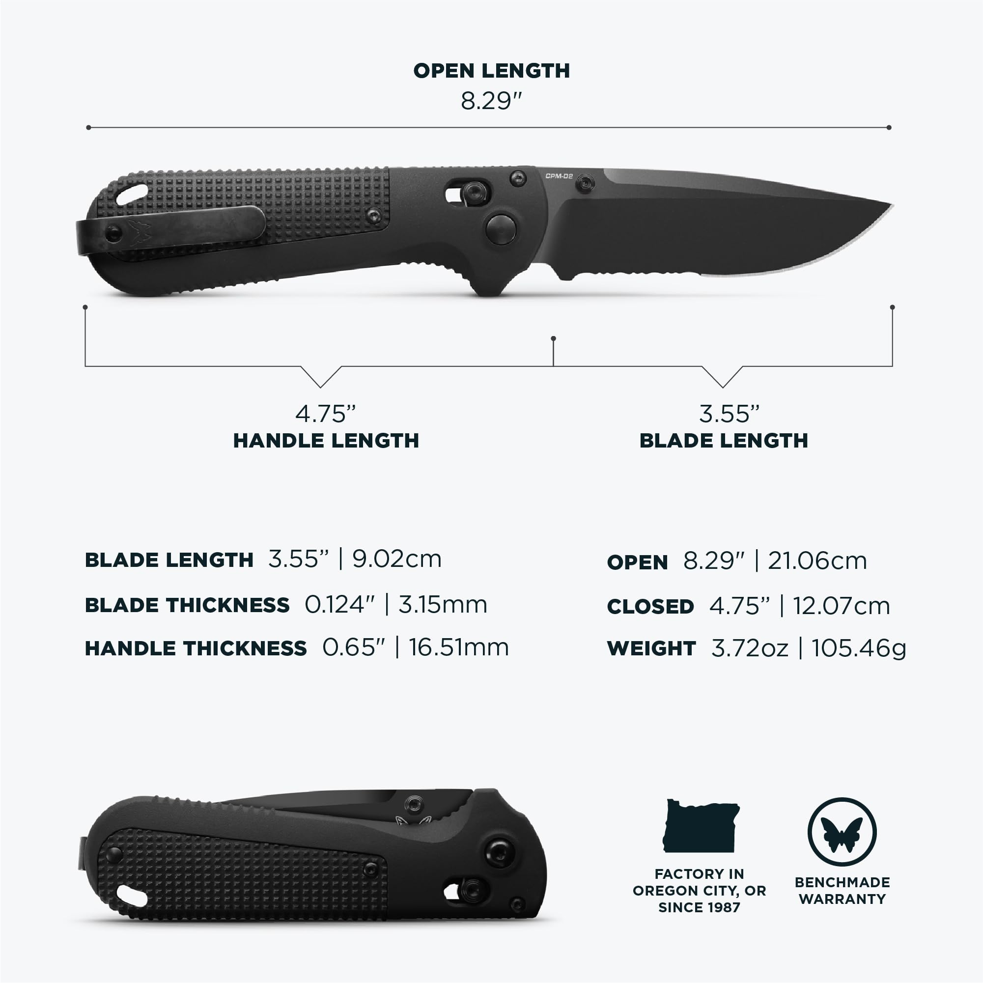 Benchmade - Redoubt Tactical, Every Day Knife, Serrated Edge, Drop-Point Blade with Black Grivory Handle (430SBK-02) - Image 5