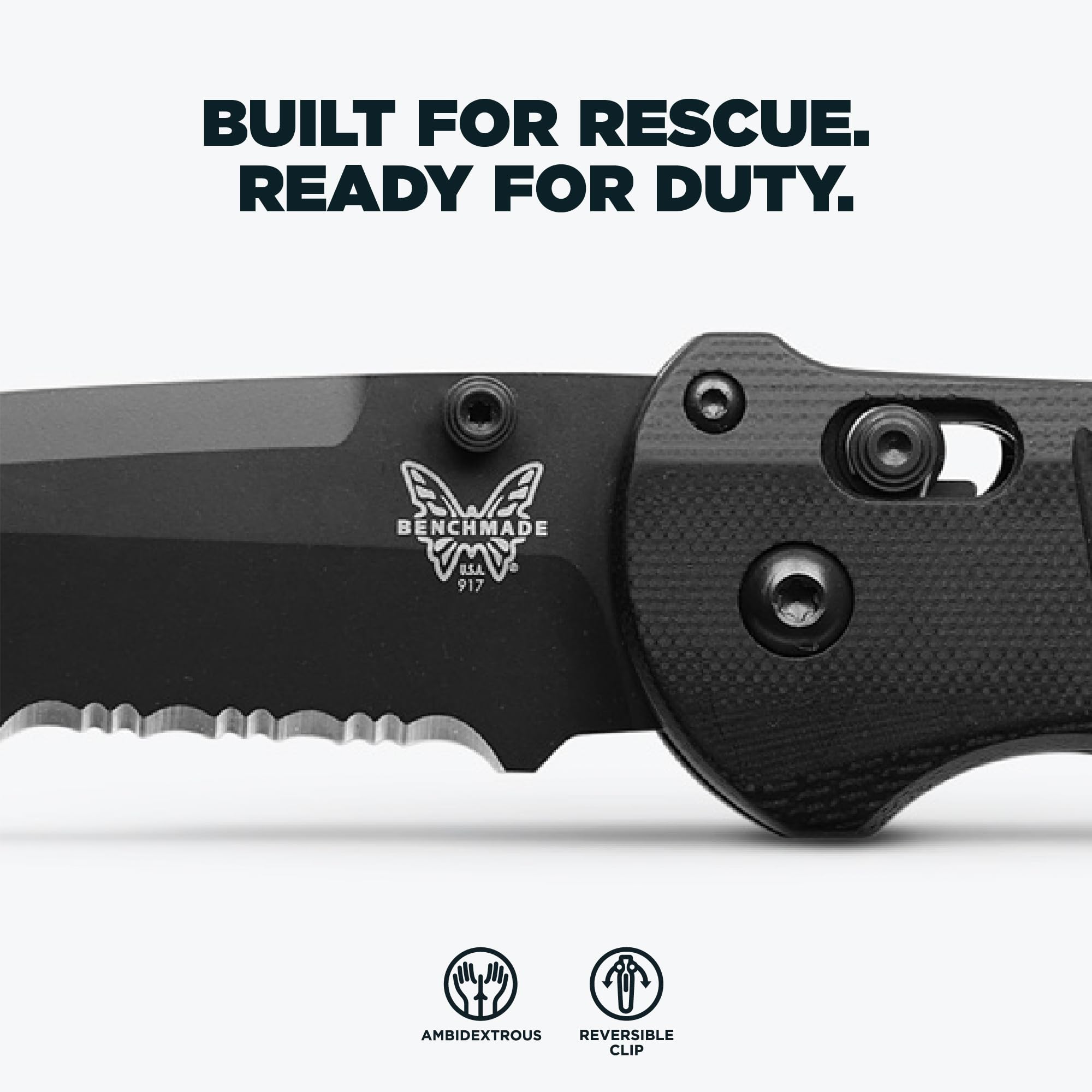 Benchmade - Triage 917 Serrated Tactical Knife, Drop-Point Blade, Glass Breaker and Rescue Hook with Black G10 Handle (917SBK) - Image 3