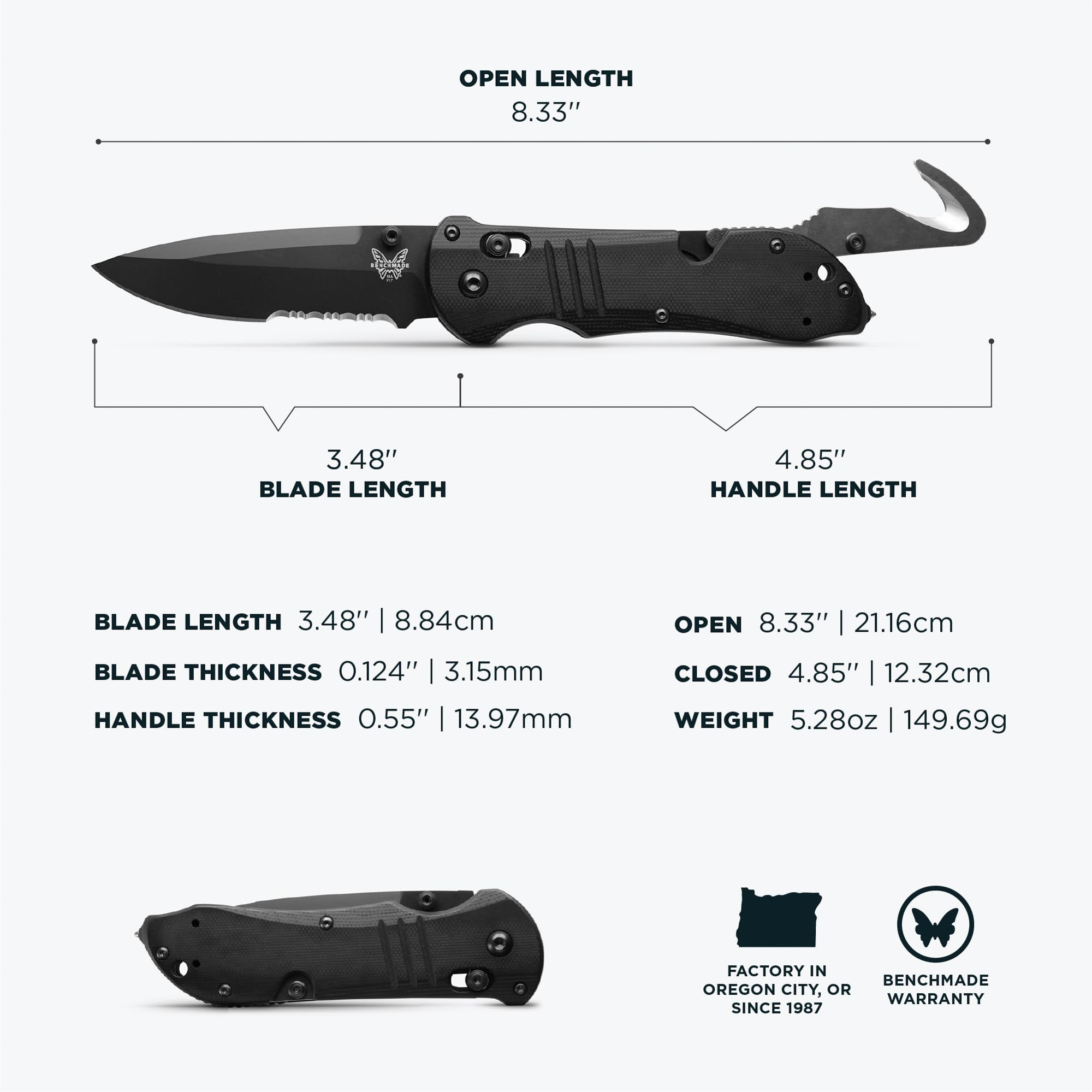 Benchmade - Triage 917 Serrated Tactical Knife, Drop-Point Blade, Glass Breaker and Rescue Hook with Black G10 Handle (917SBK) - Image 6